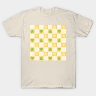 Yellow and Green Meeple Gingham Check | Game Night Picnic Checkerboard T-Shirt